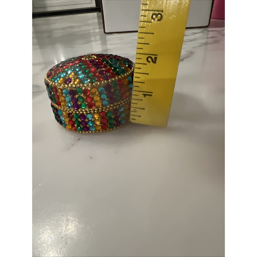 Gorgeous Handmade Colorful Rhinestone Trinket Box Round Unique - Picture 7 of 7